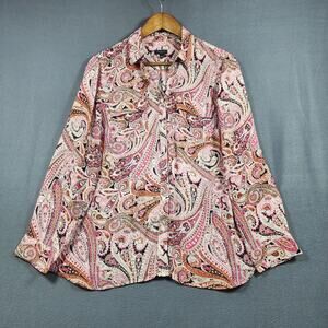 Talbots Womens Top Large Petite Pink Paisley Lightweight Button Up Office Artsy